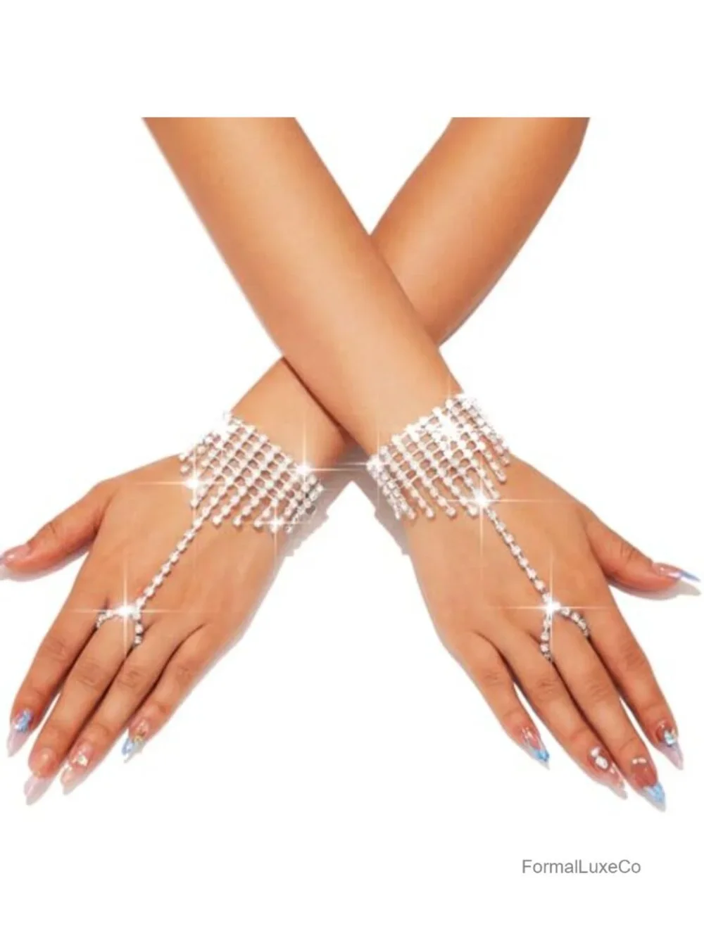 Rhinestone Fingerless Gloves with Adjustable Wrist Band for Wedding Prom